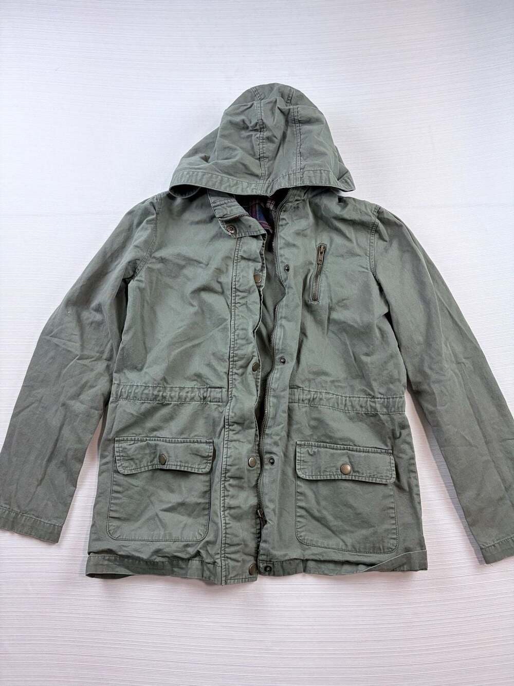 Mine Olive Green Utility Field Jacket with Plaid Hood and Elbow Patches Size S